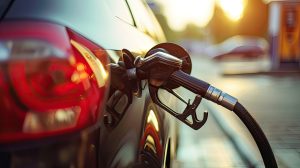 Close-up of a fuel pump nozzle inserted into a car's gas tank at a gas station, with warm sunlight reflecting off the vehicle's surface.